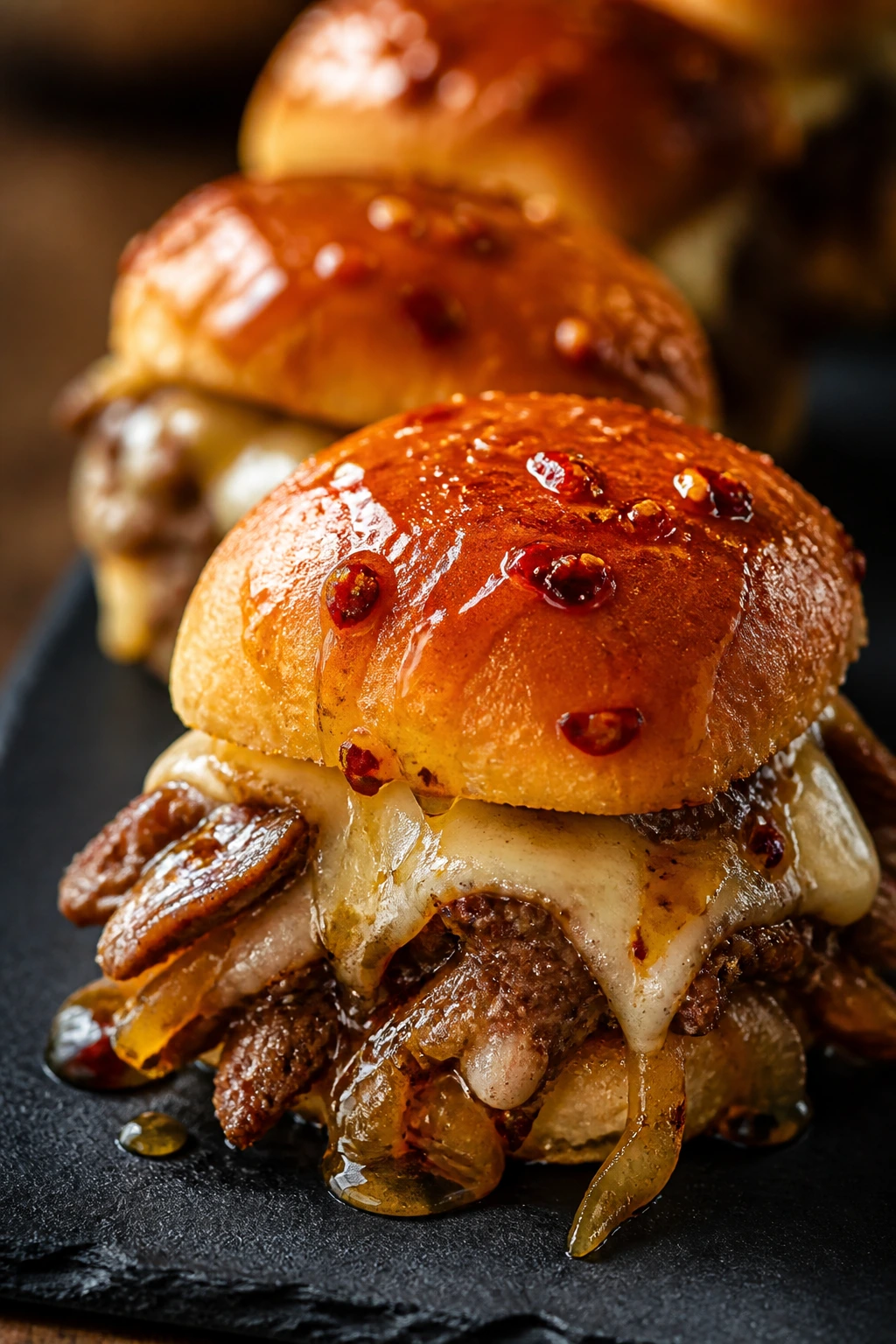 Close-up of Hot Honey Sliders with glossy honey glaze over beef and cheese