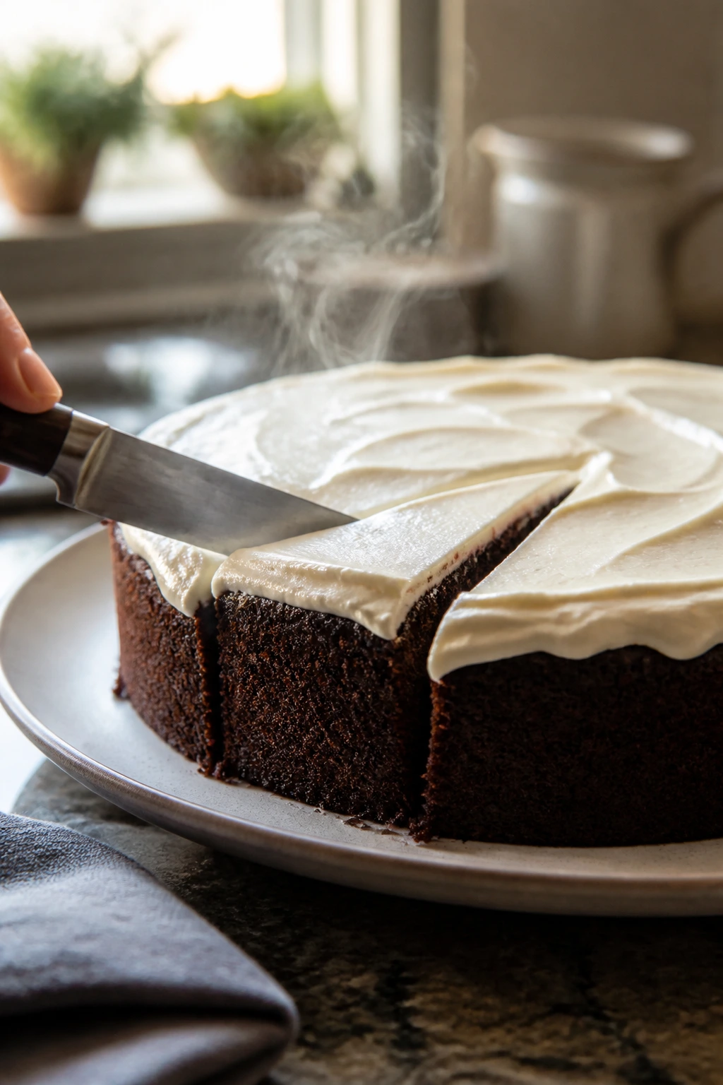 Close-up of hot knife slicing through frosted chocolate cake
