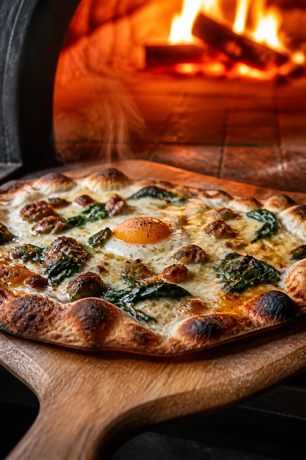 Ultra-thin crust pizza fresh from a hot oven on a wooden peel