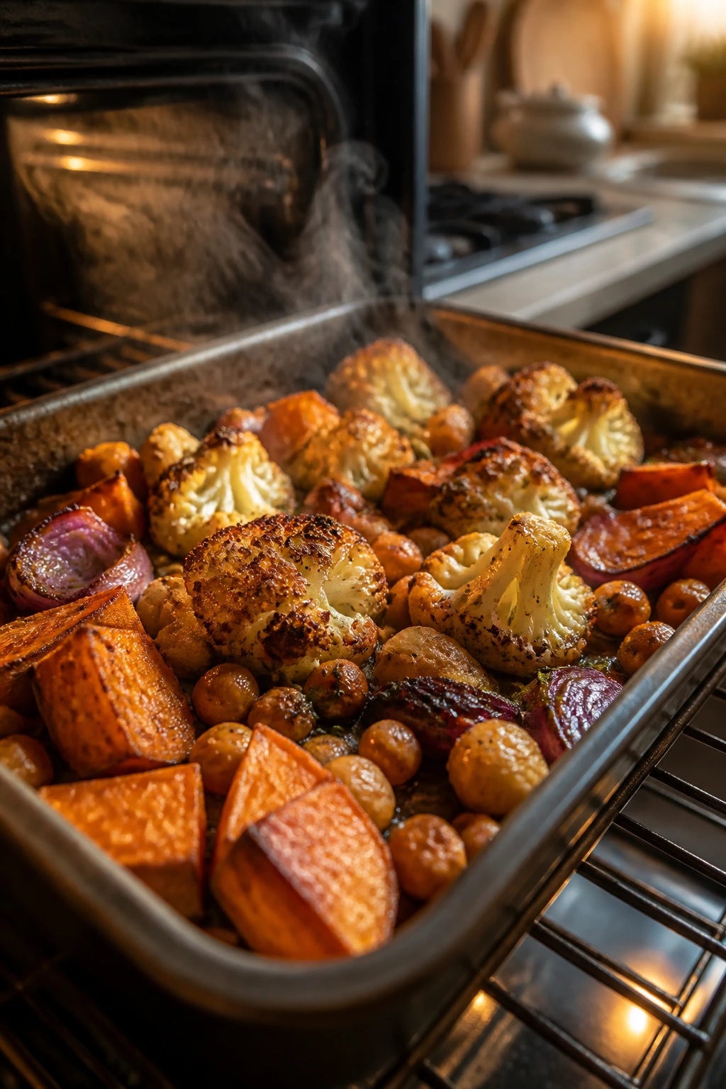 Close-up of browning vegetables on a roasting tray inside a hot oven