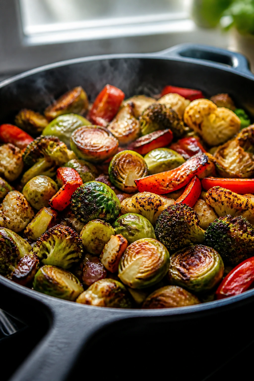Browning vegetables sizzling in a hot skillet