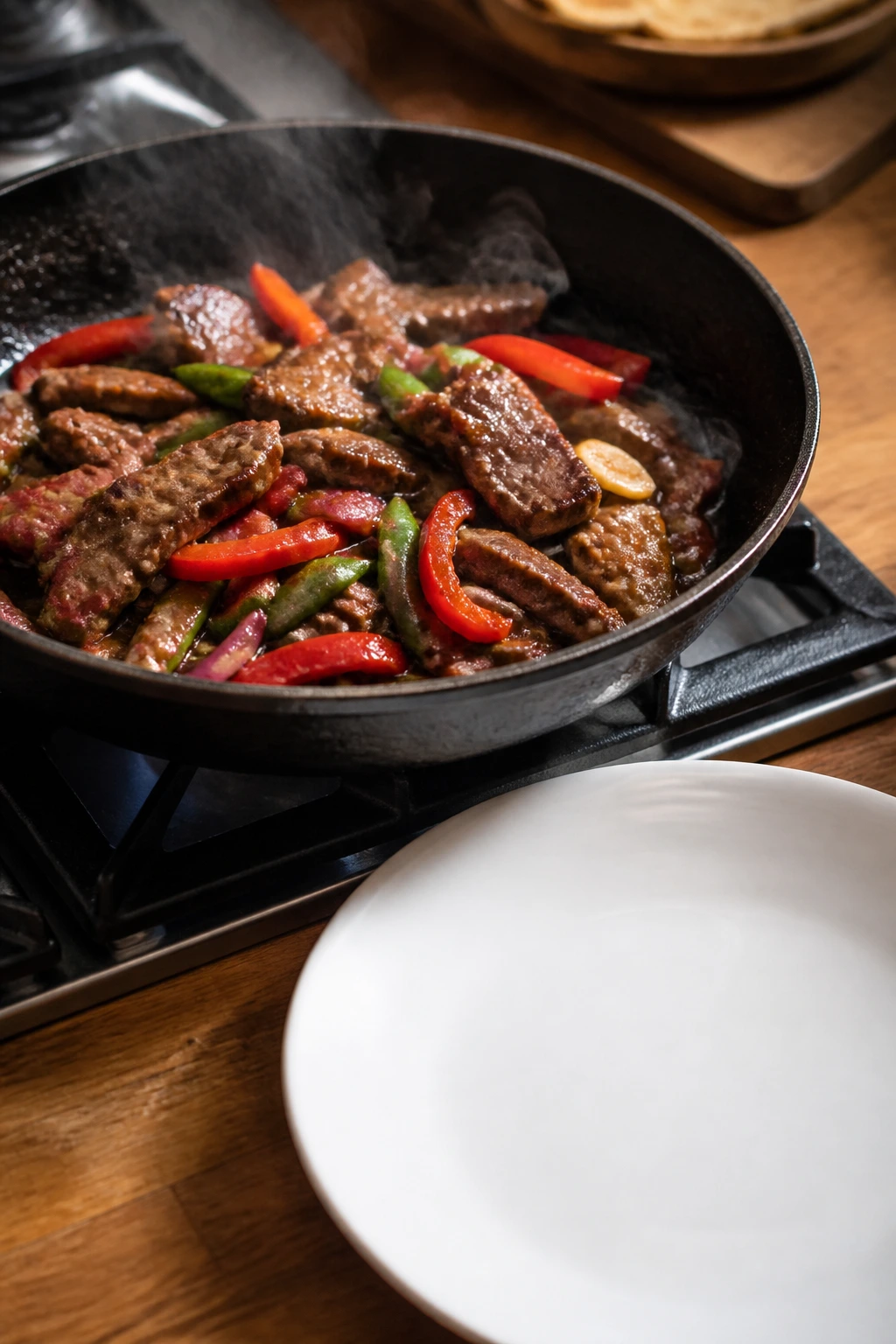 Close-up of a hot pan with crisp beef edges and a clean white plate in a warm kitchen