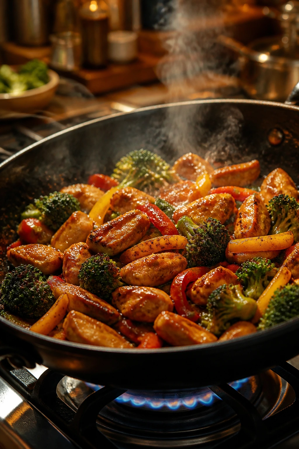 Close-up of sizzling skillet with browned chicken and crisp vegetables