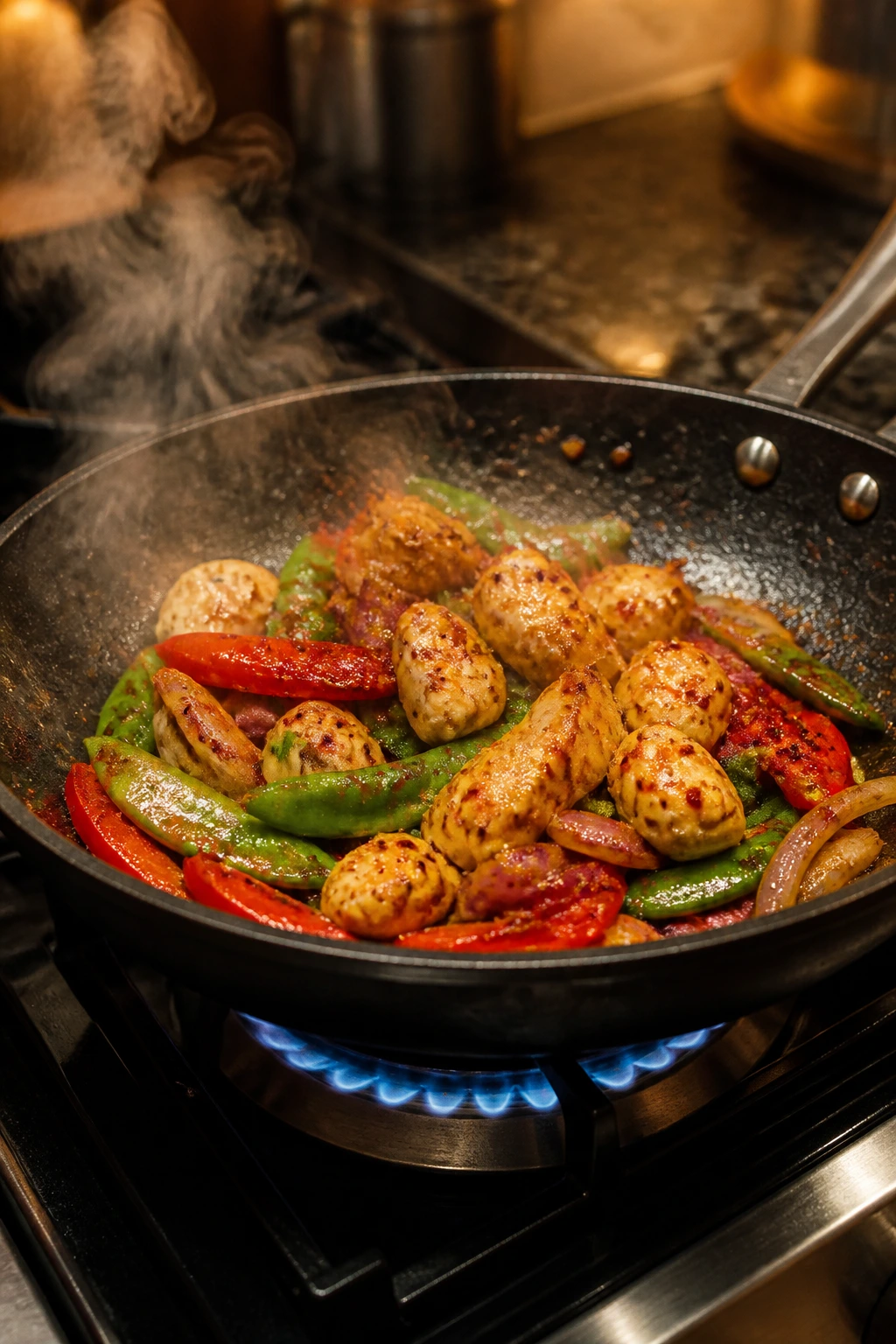 Close-up of a hot pan sizzling with oil on a kitchen stove
