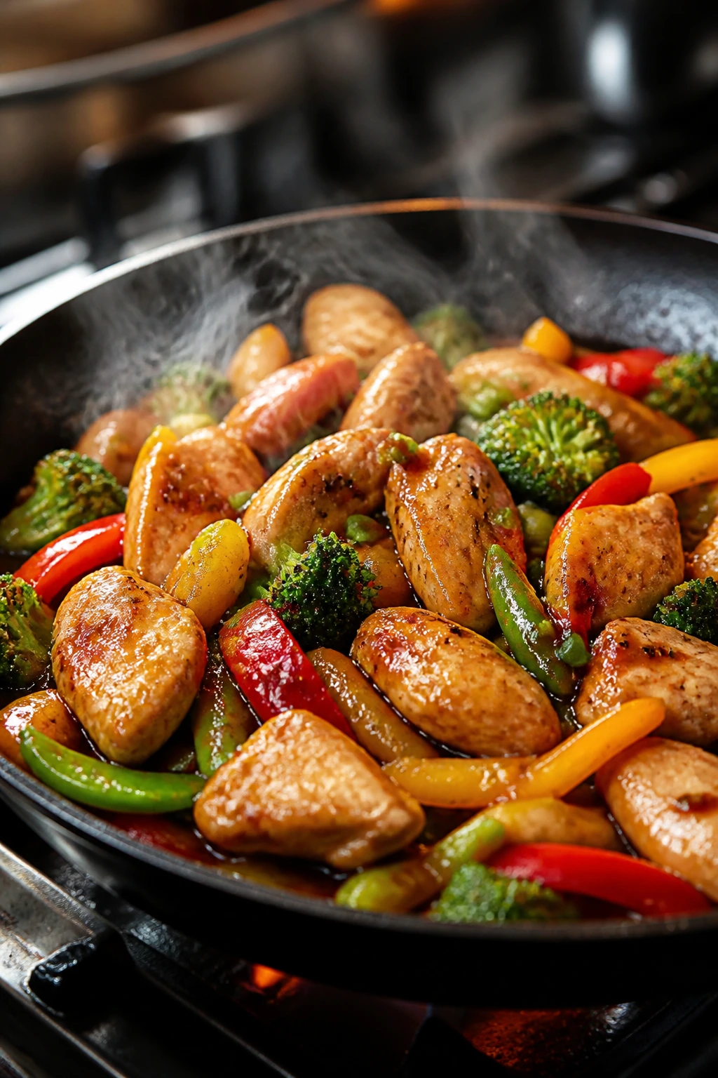 Sizzling skillet with browned chicken and glossy sauce