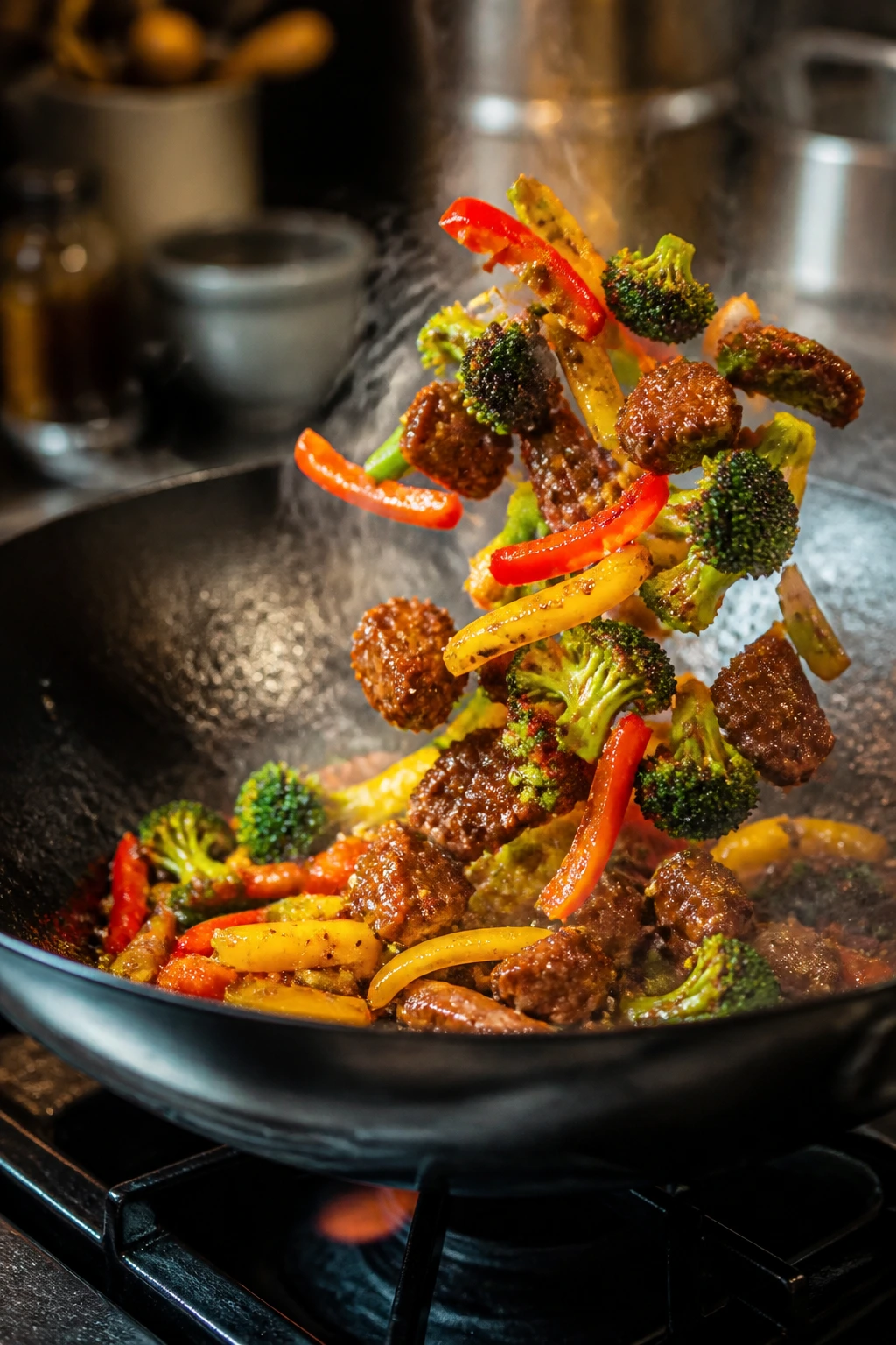 Hot wok with colorful stir-fry ready for meals