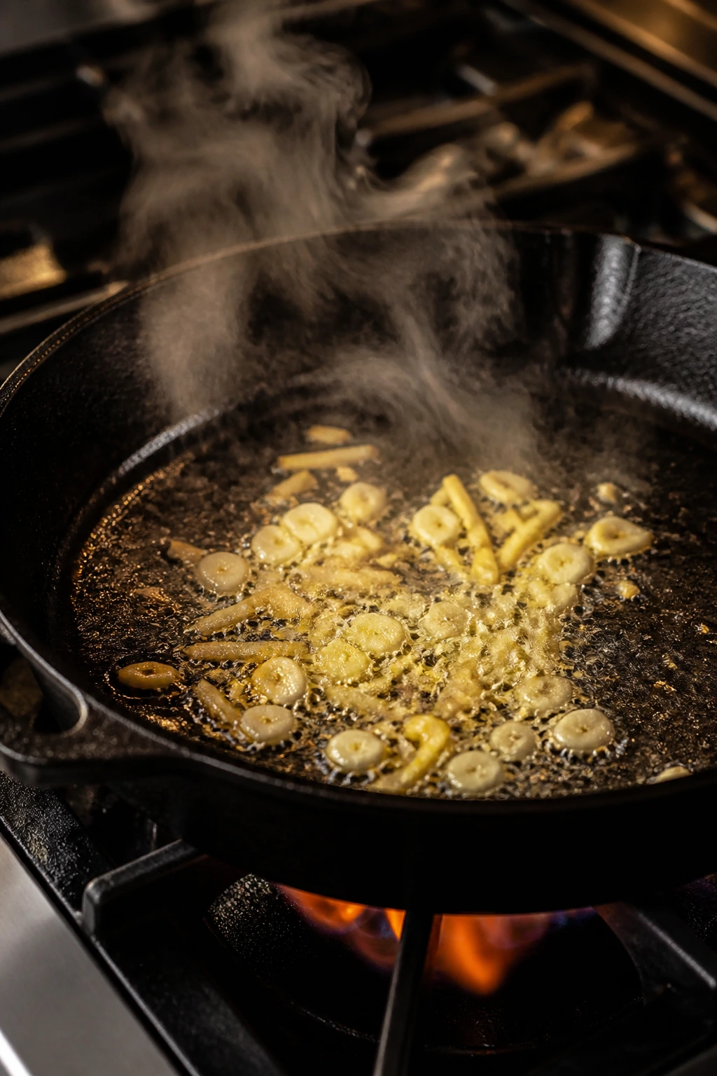 Close-up of a sizzling hot pan with garlic and ginger in warm kitchen light
