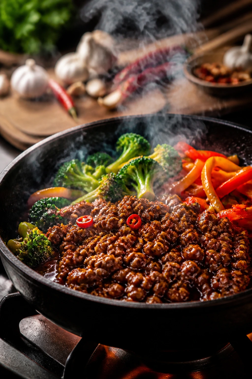 Close-up of a sizzling pan with browned beef and glossy sauce on a stove.