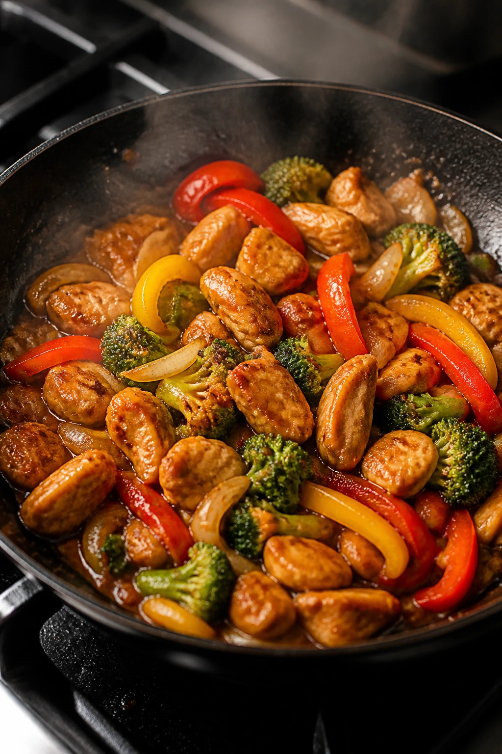 Sizzling stir-fry on a hot pan with colorful vegetables and sauce