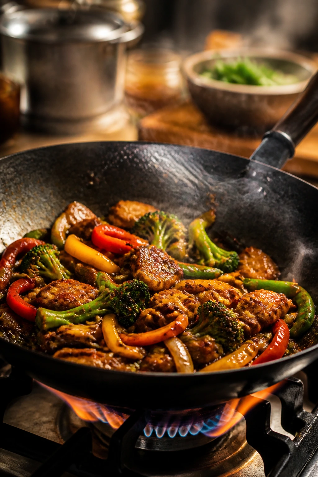 Wok with sizzling stir-fry and rising steam