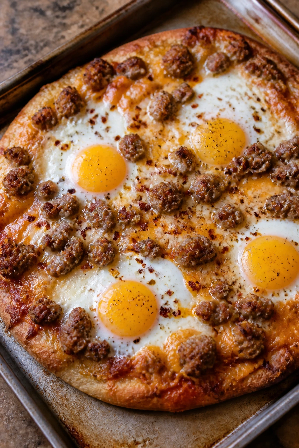 Breakfast pizza with sausage and eggs on a crust