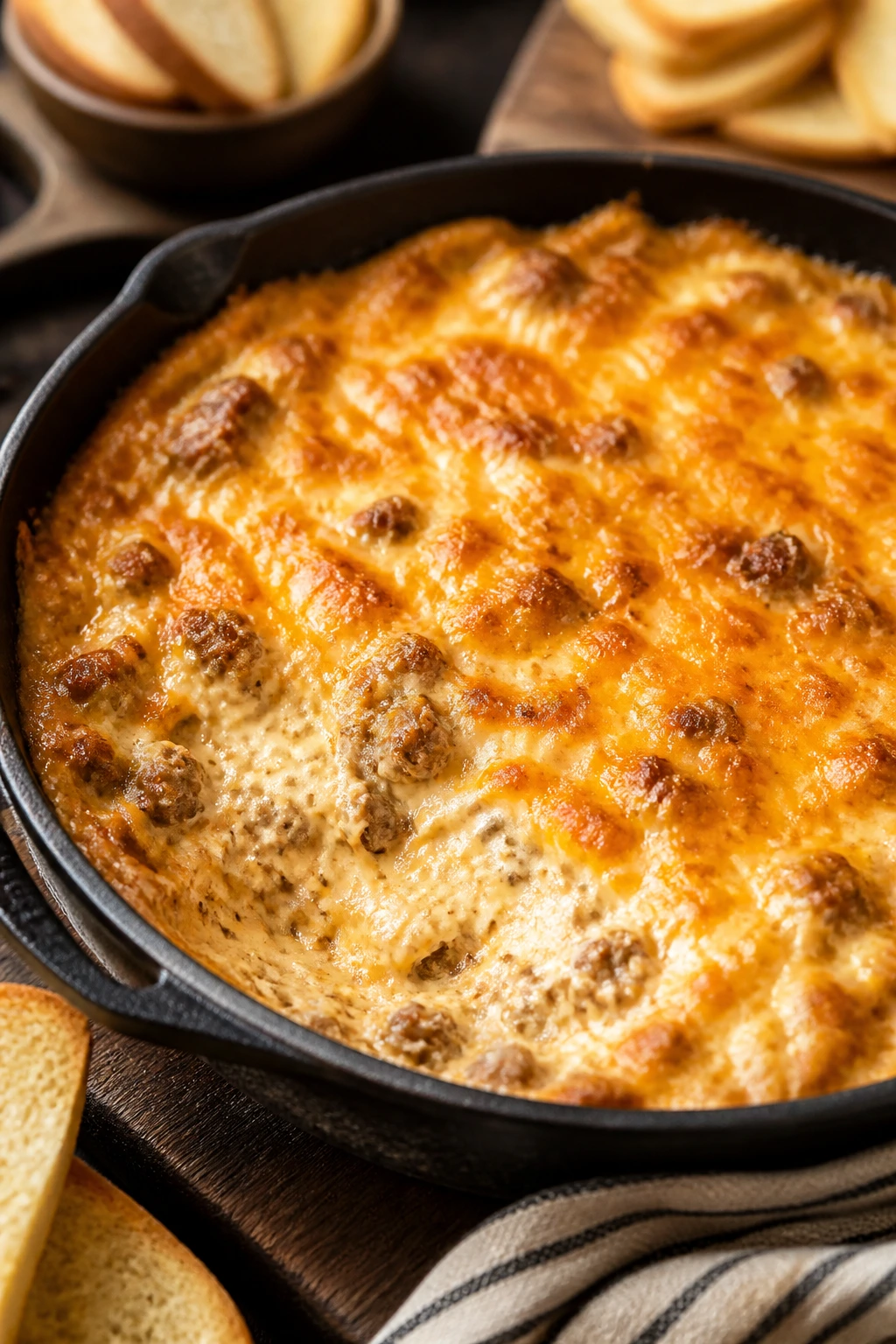 Bubbling Hot Sausage Dip in a baking dish.