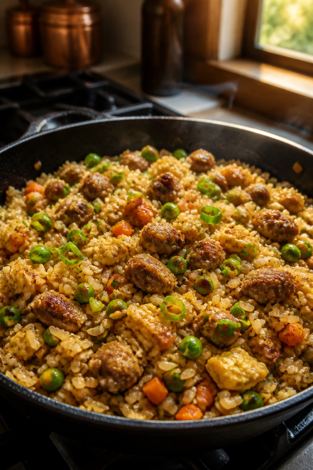Close-up of hot Italian sausage fried rice in a skillet with eggs and vegetables