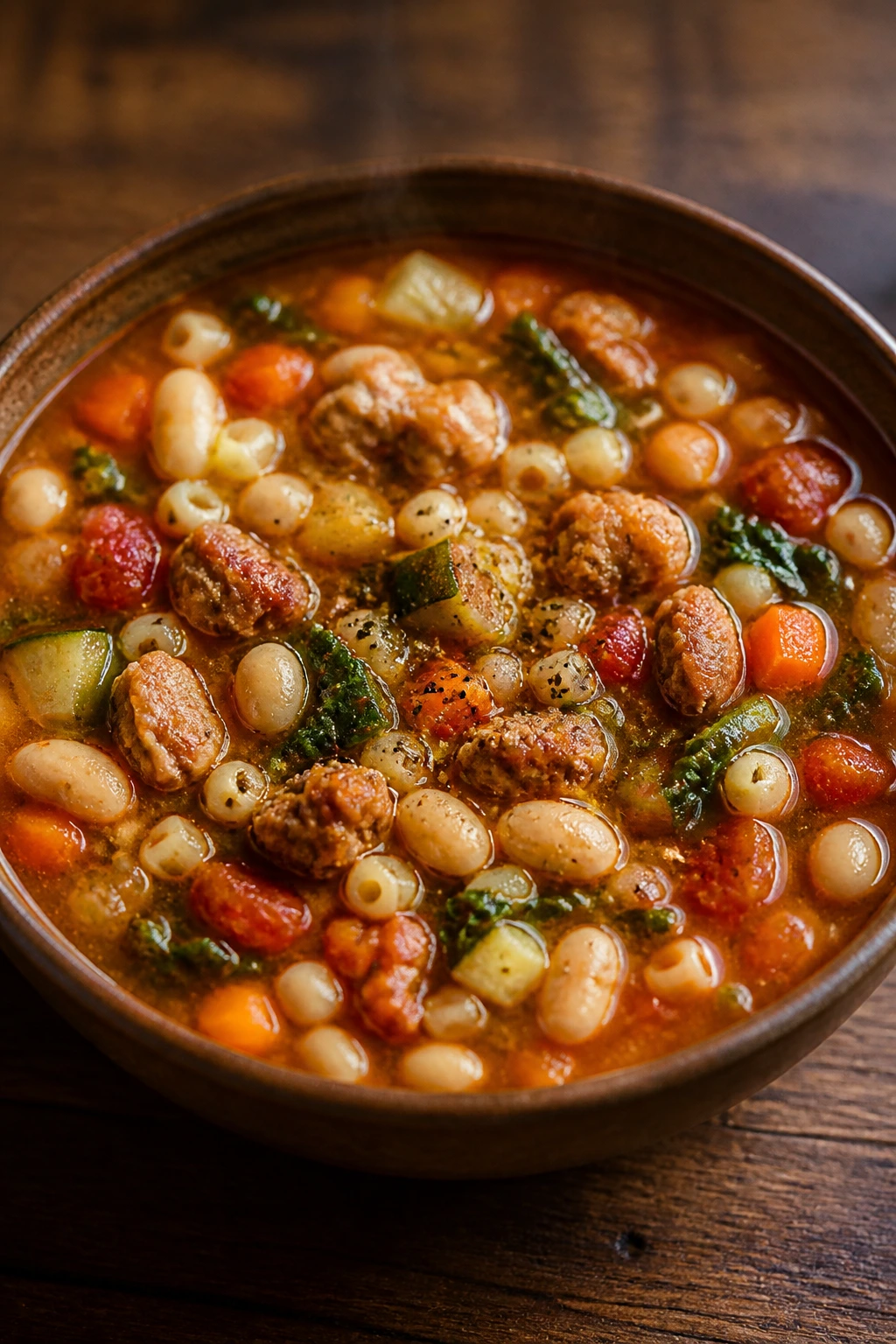 Steaming hot minestrone soup with sausage and beans in a bowl
