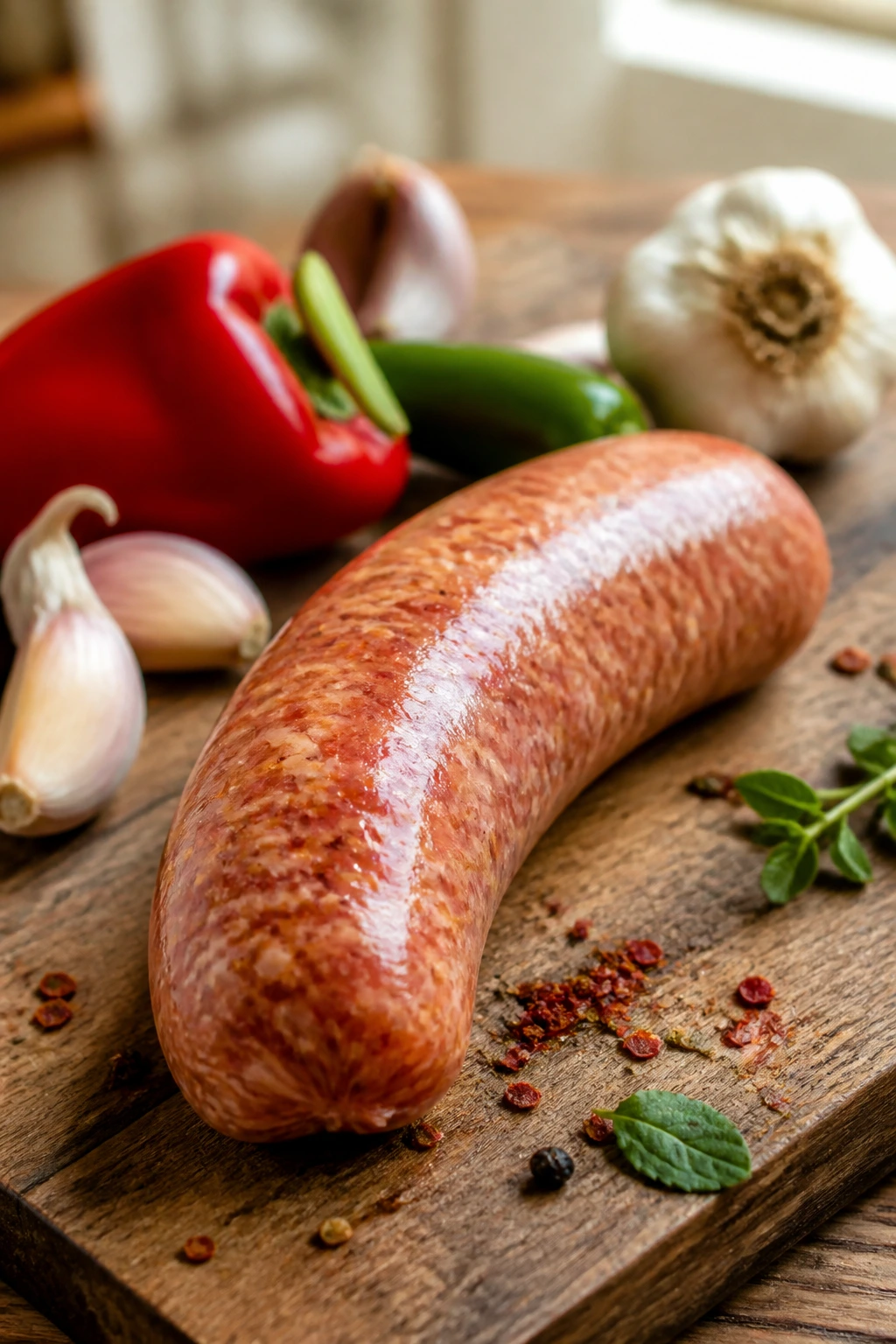 Close-up of a hot Italian sausage link on a cutting board with peppers and garlic in a kitchen
