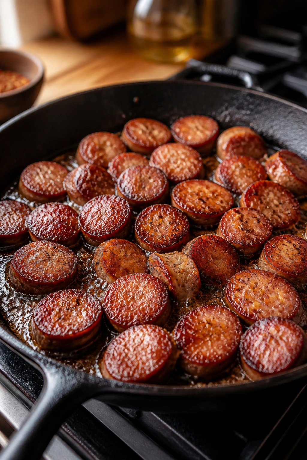 Close-up of sizzling sausage browning in a cast-iron skillet in a kitchen