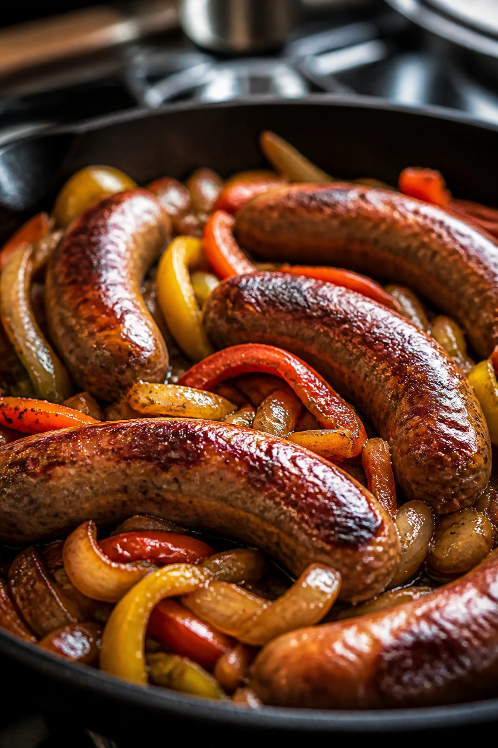 Close-up of sizzling hot Italian sausage with peppers and onions in a skillet