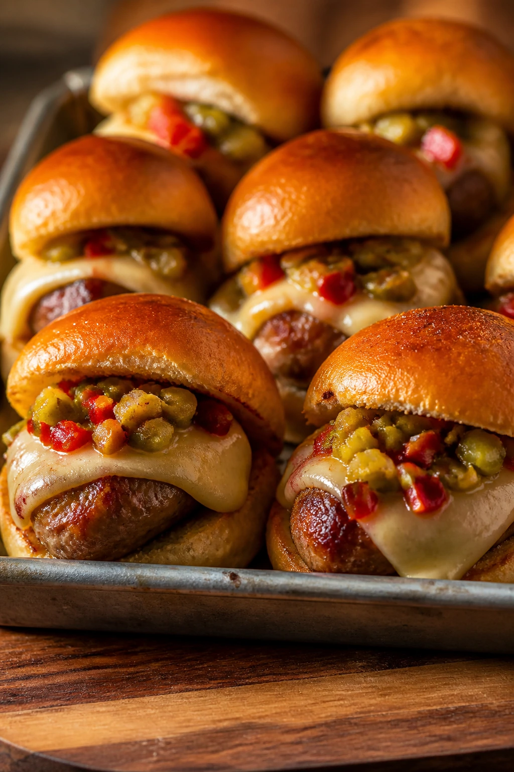 Tray of hot sausage sliders with provolone cheese and giardiniera