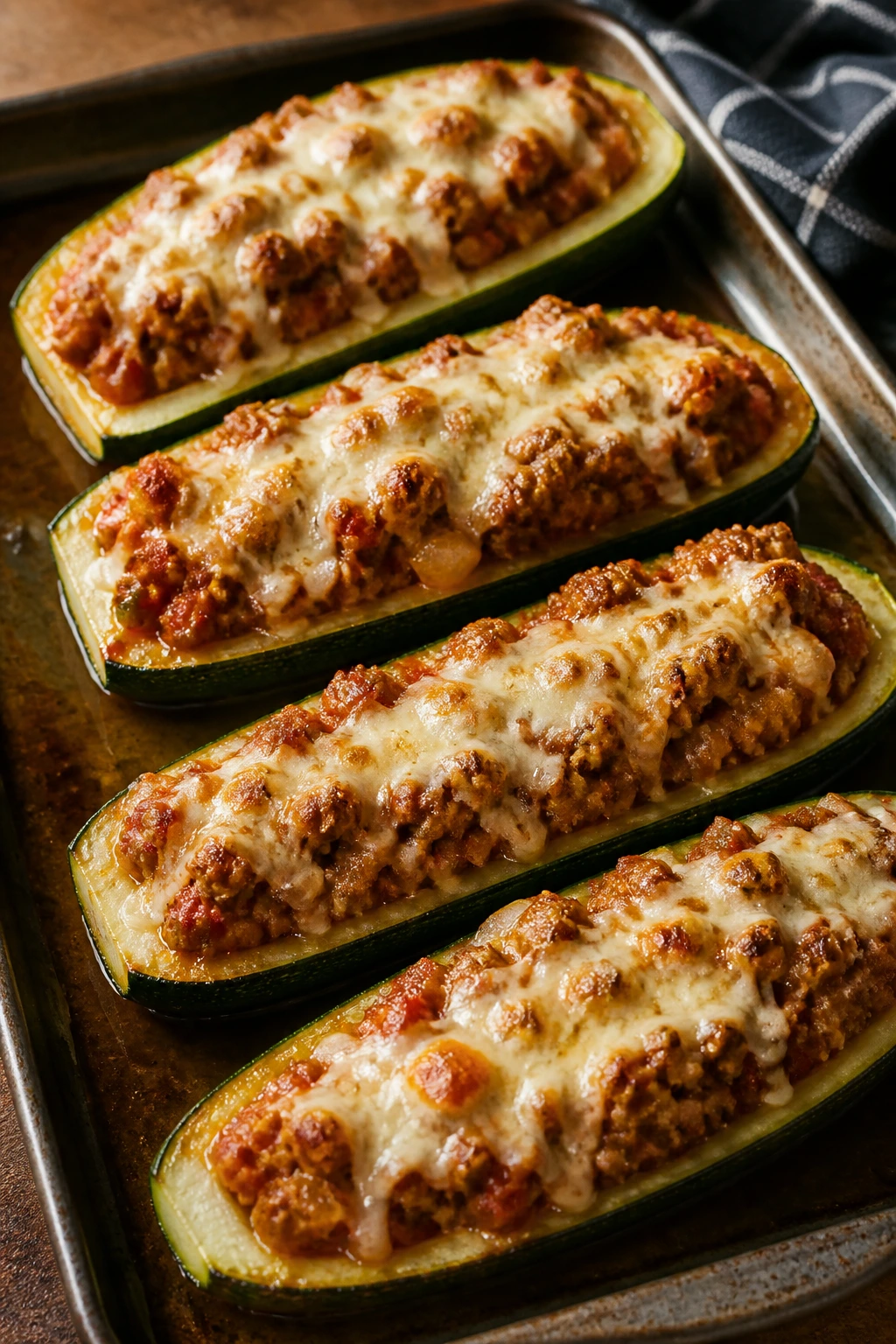 Zucchini boats stuffed with sausage and melted cheese on a baking dish