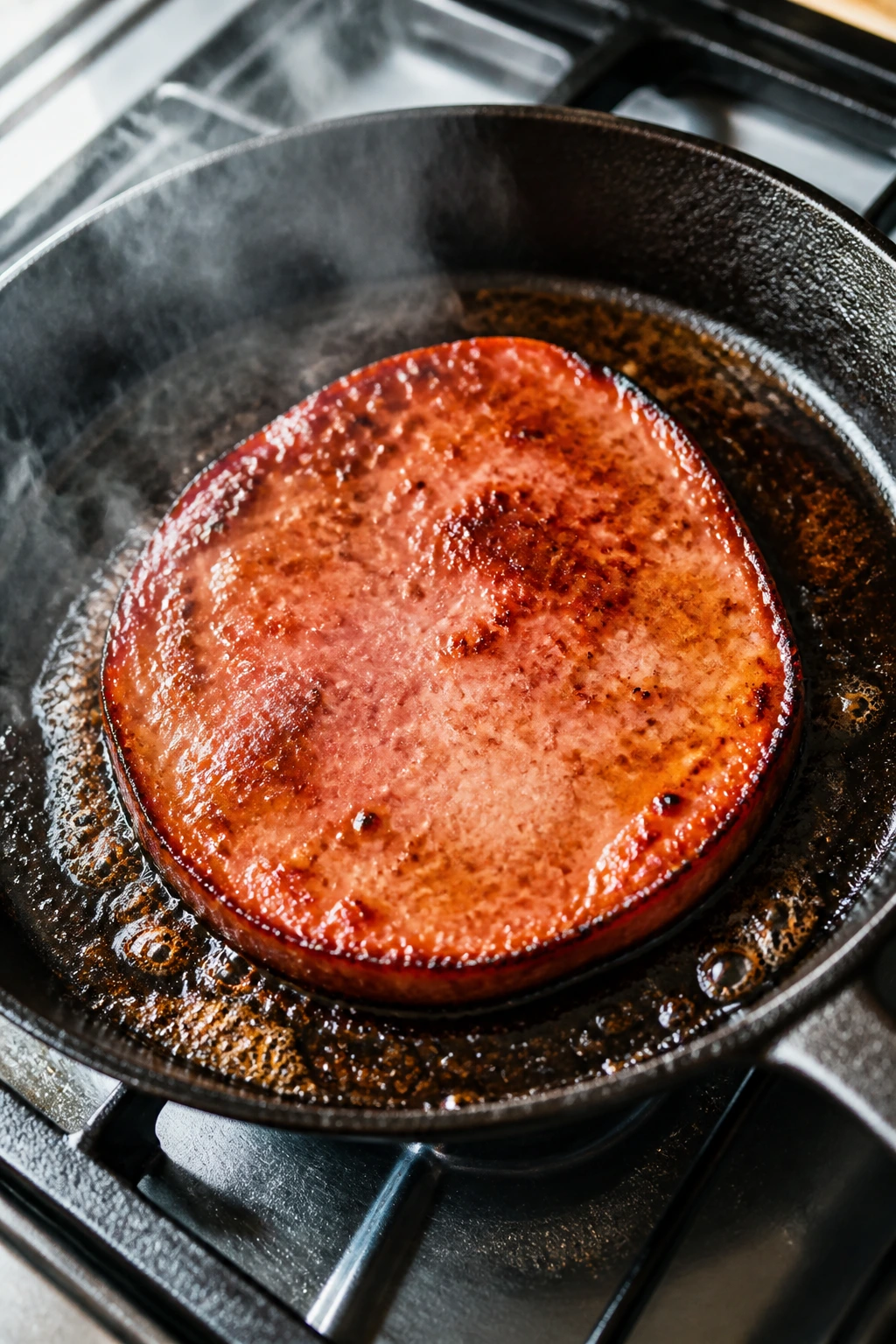 Sizzling hot skillet with ham steak browning