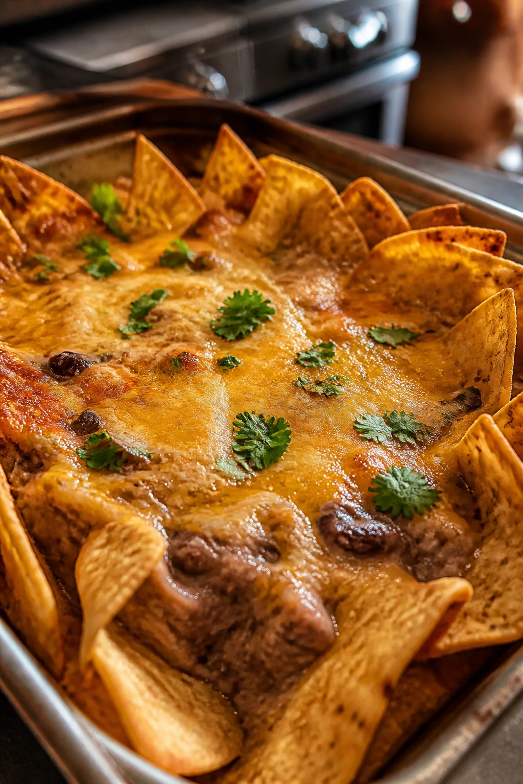 Tray of hot baked snacks with bubbling cheese and crispy tortilla chips