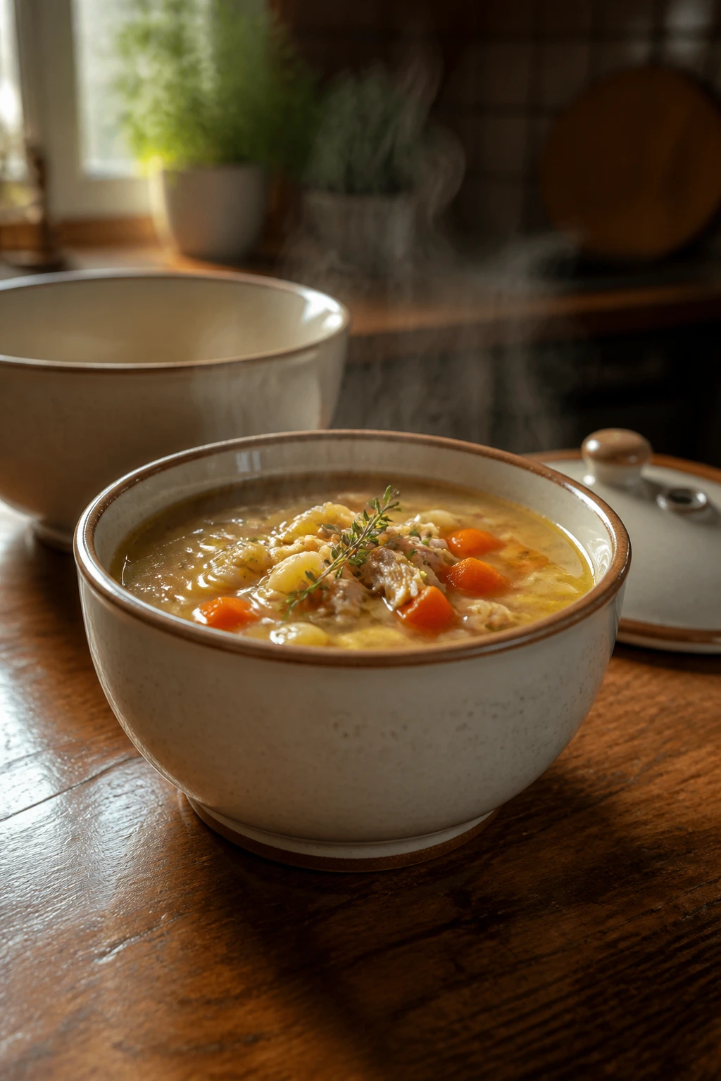 Steaming hot soup in a warmed ceramic bowl to keep it hot after serving.