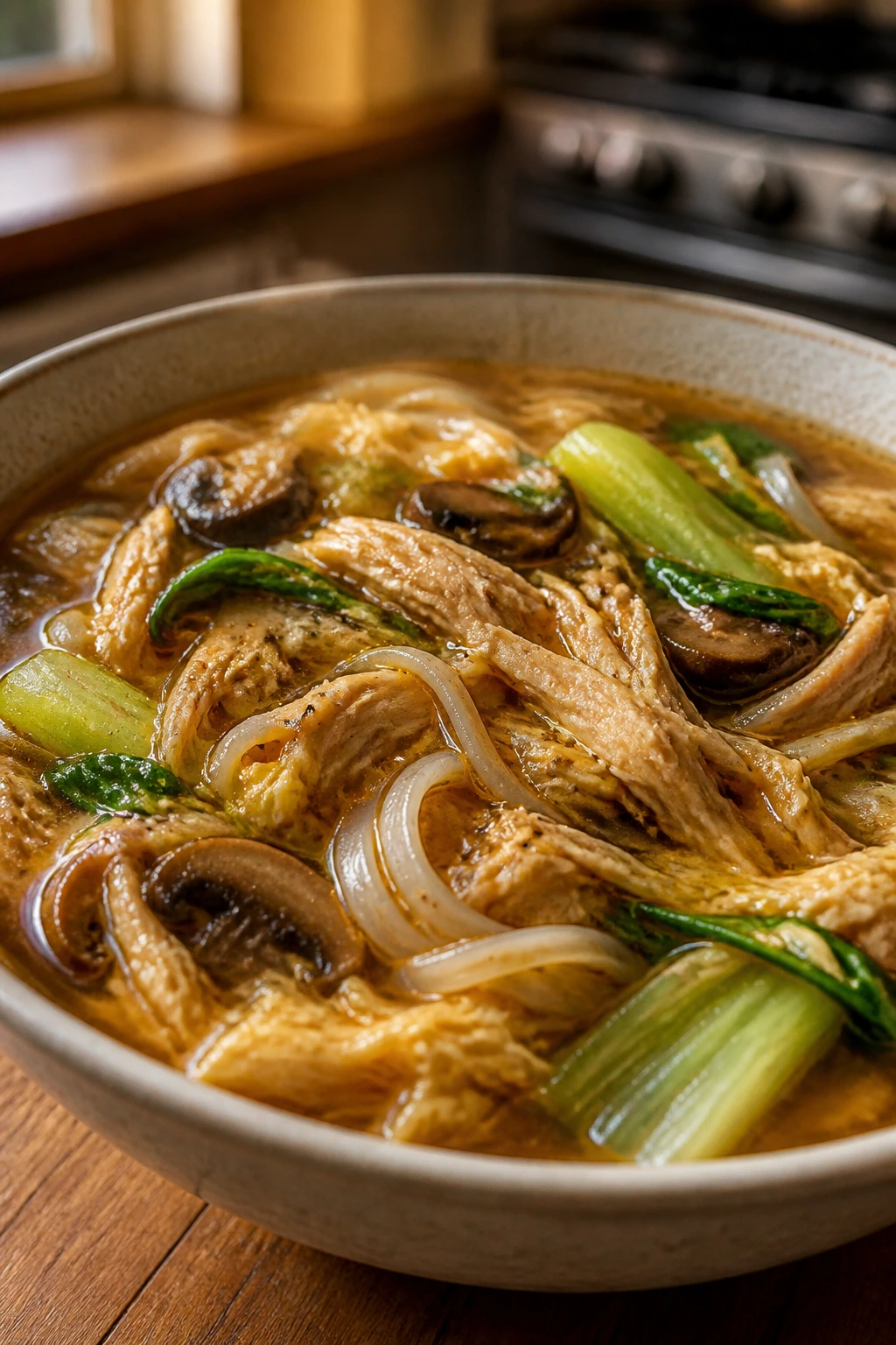 Close-up of Hot and Sour Chicken Rice Noodles in tangy broth with mushrooms and bok choy