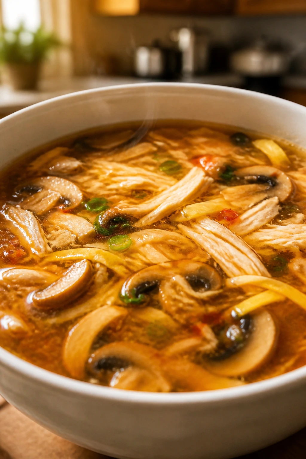 Close-up of hot and sour chicken soup in a bowl with mushrooms and chicken pieces.