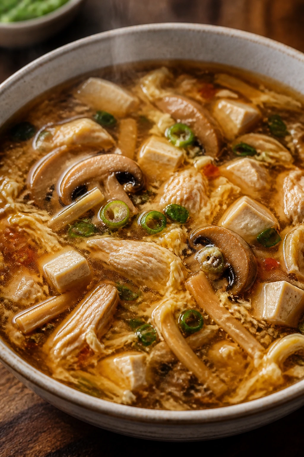 Steaming bowl of hot and sour chicken soup with mushrooms and tofu