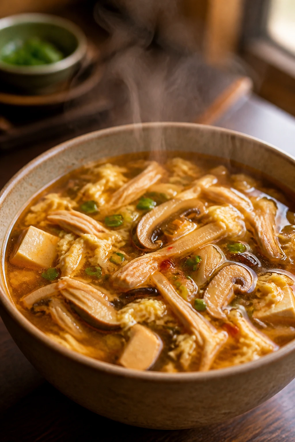 Steaming hot and sour chicken soup with vegetables in a bowl