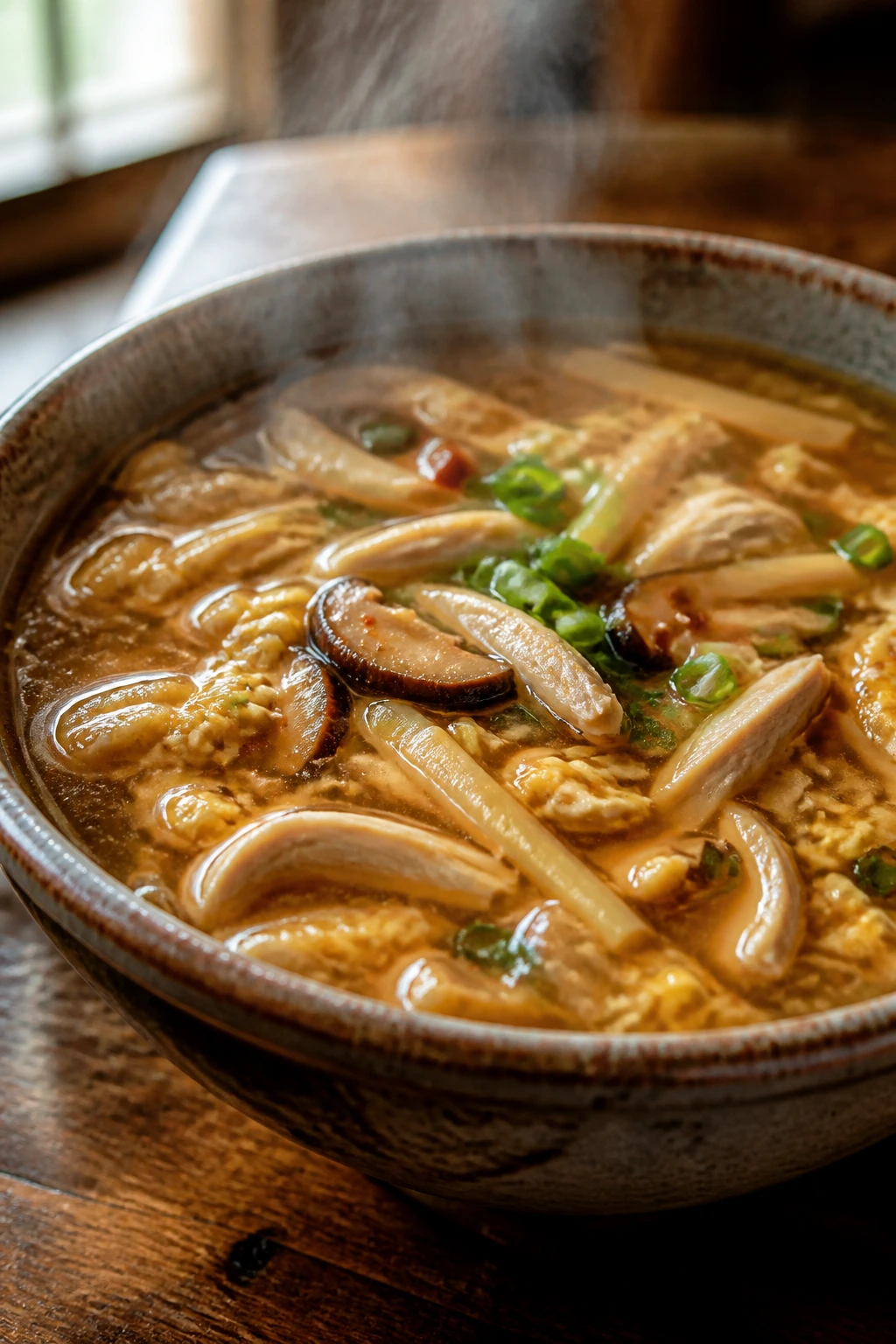 Close-up of steaming hot and sour chicken soup with mushrooms and bamboo shoots in a ceramic bowl
