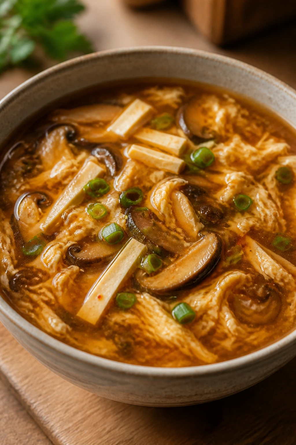 Close-up of hot and sour soup in a bowl with mushrooms tofu and egg ribbons