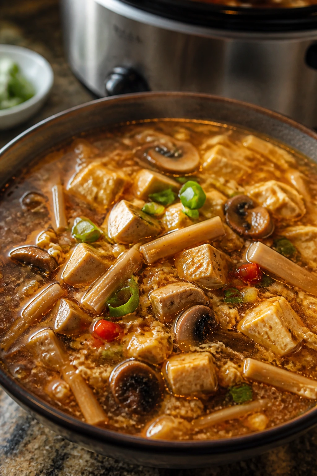 Close-up of Crockpot Hot and Sour Soup with mushrooms, bamboo shoots, and tofu in broth