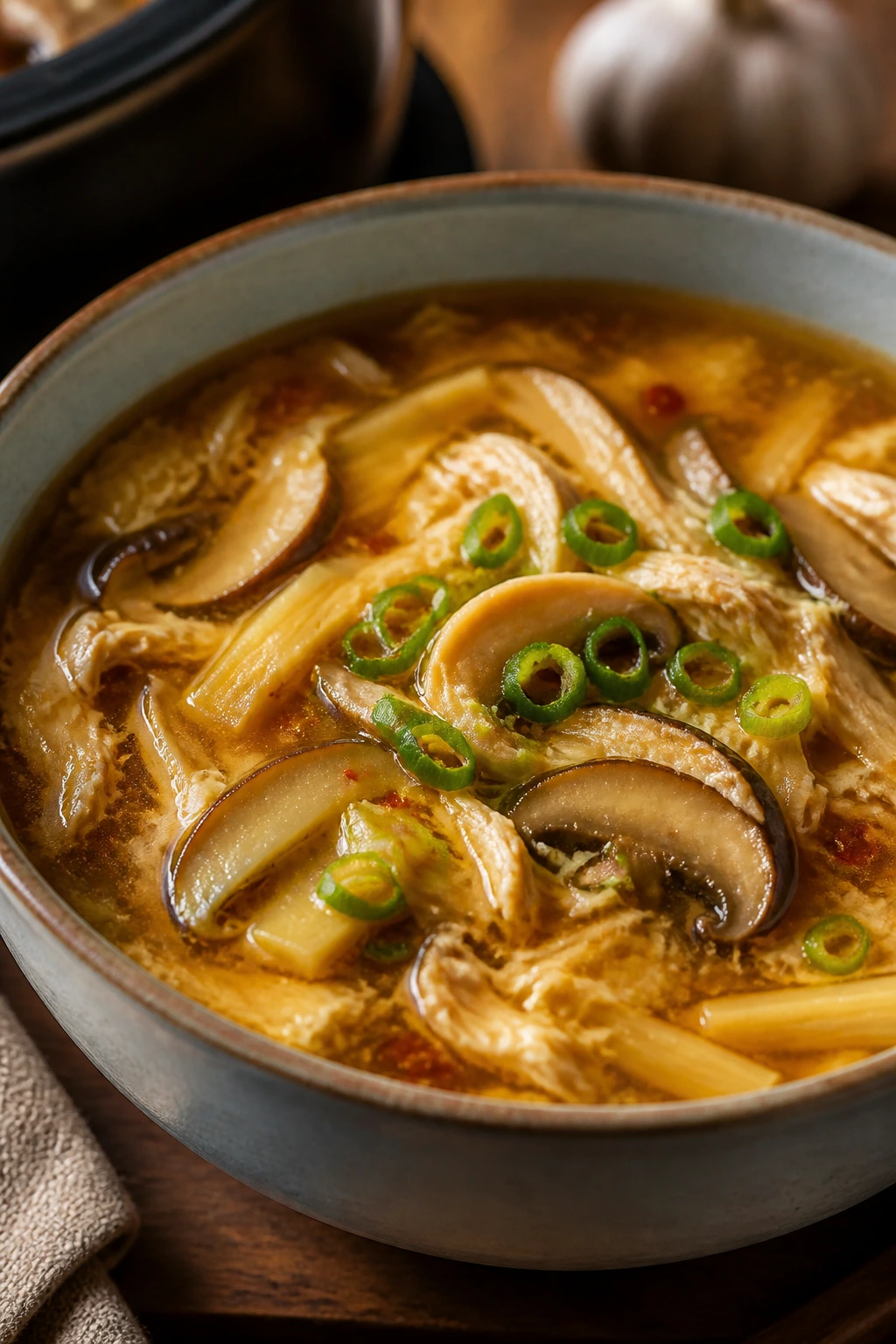 Close-up of hot and sour chicken soup with mushrooms in a steaming bowl