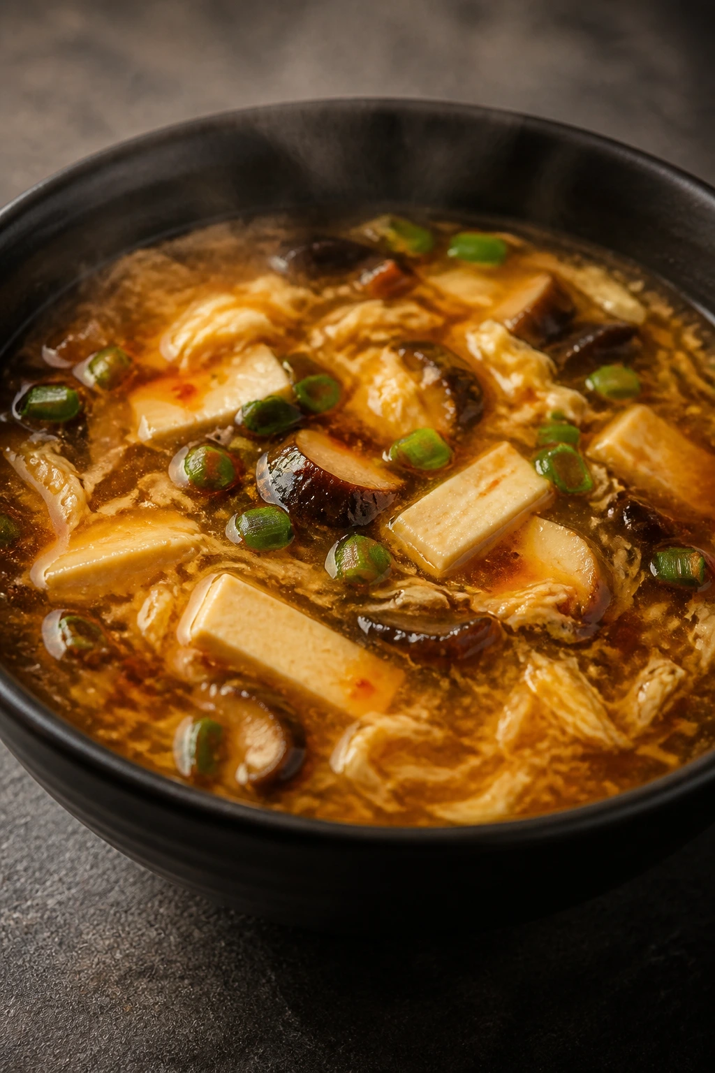 Close-up of Hot and Sour Soup with mushrooms and tofu