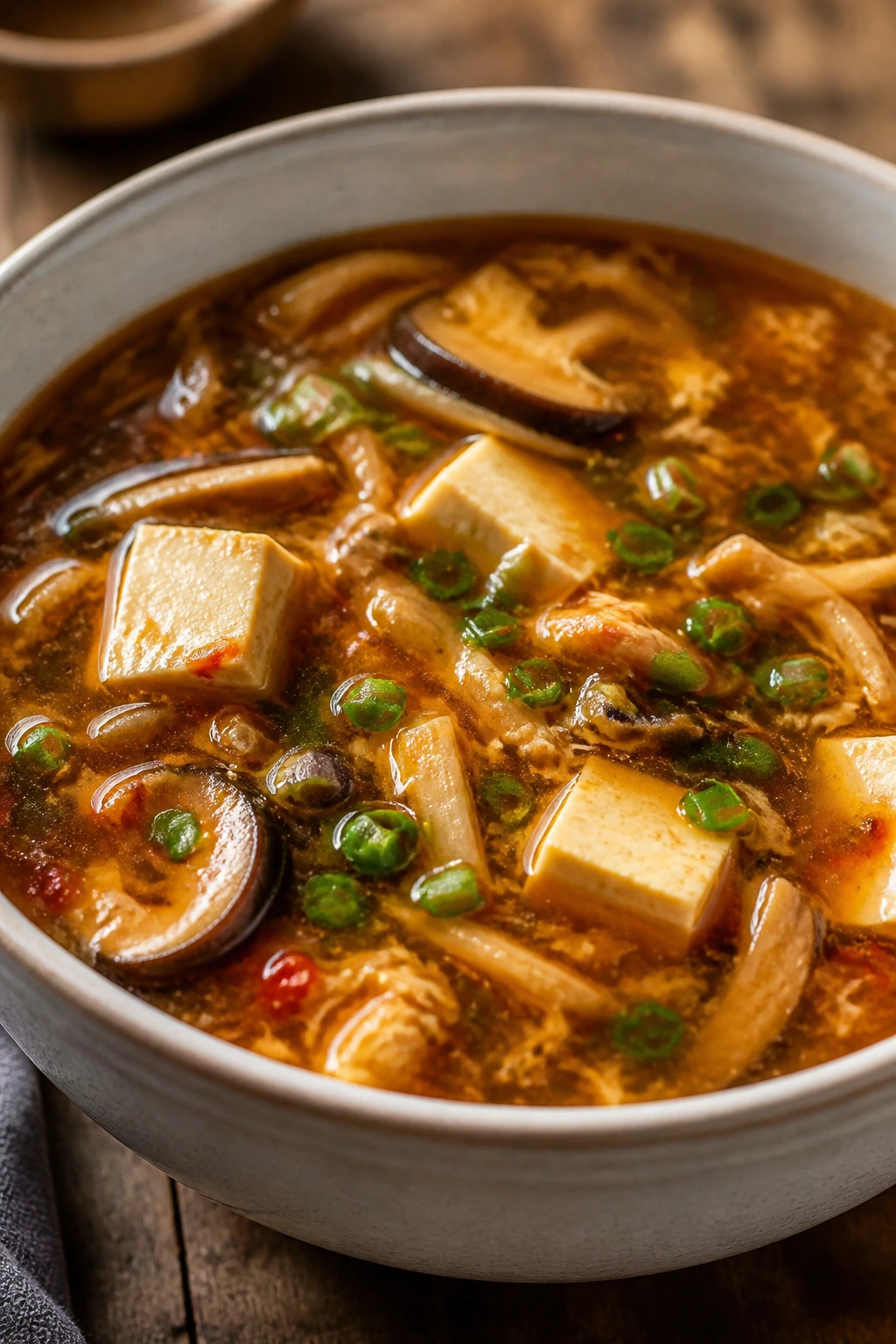 Steaming hot and sour soup with mushrooms and tofu in a bowl.