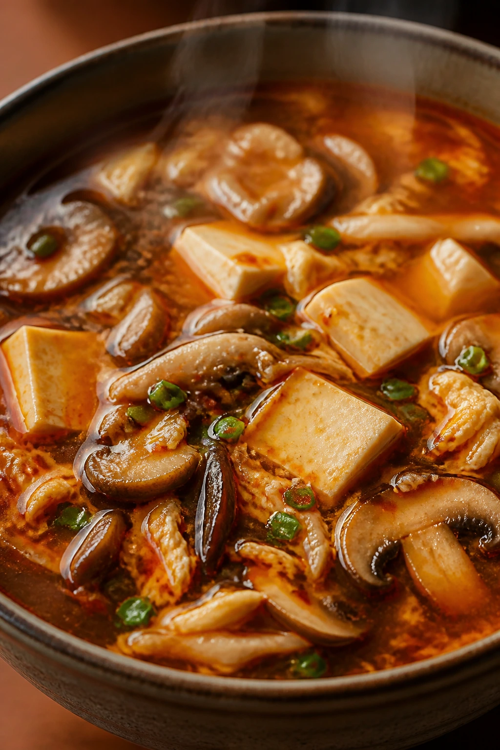 Close-up of Hot and Sour Soup with Mushrooms and Tofu in a bowl