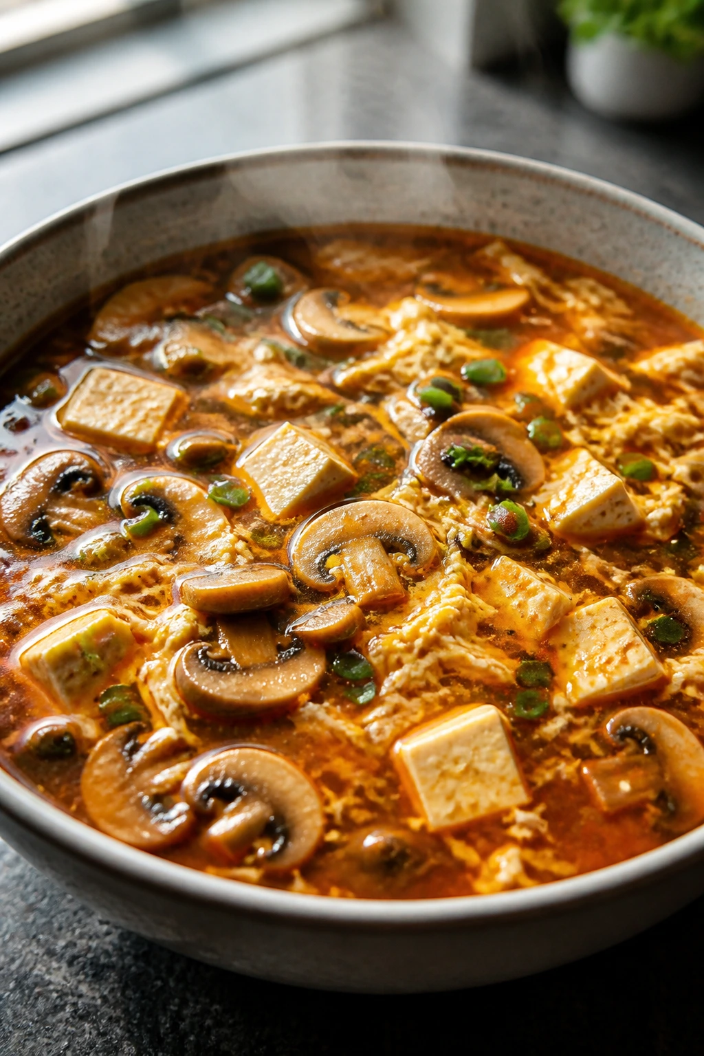 Close-up of hot and sour soup with mushrooms and tofu