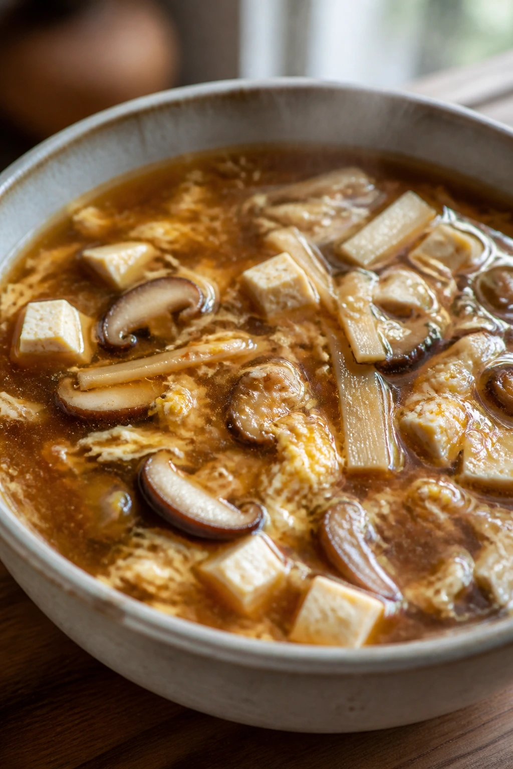 Close-up of steaming hot and sour soup with mushrooms tofu and egg ribbons in a bowl