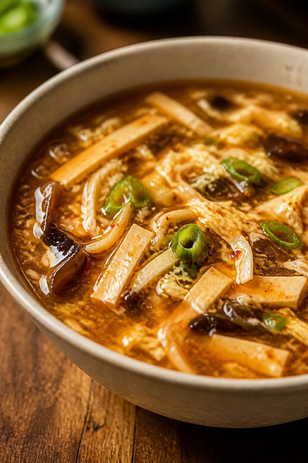 Steaming bowl of hot and sour soup with tofu and egg ribbons