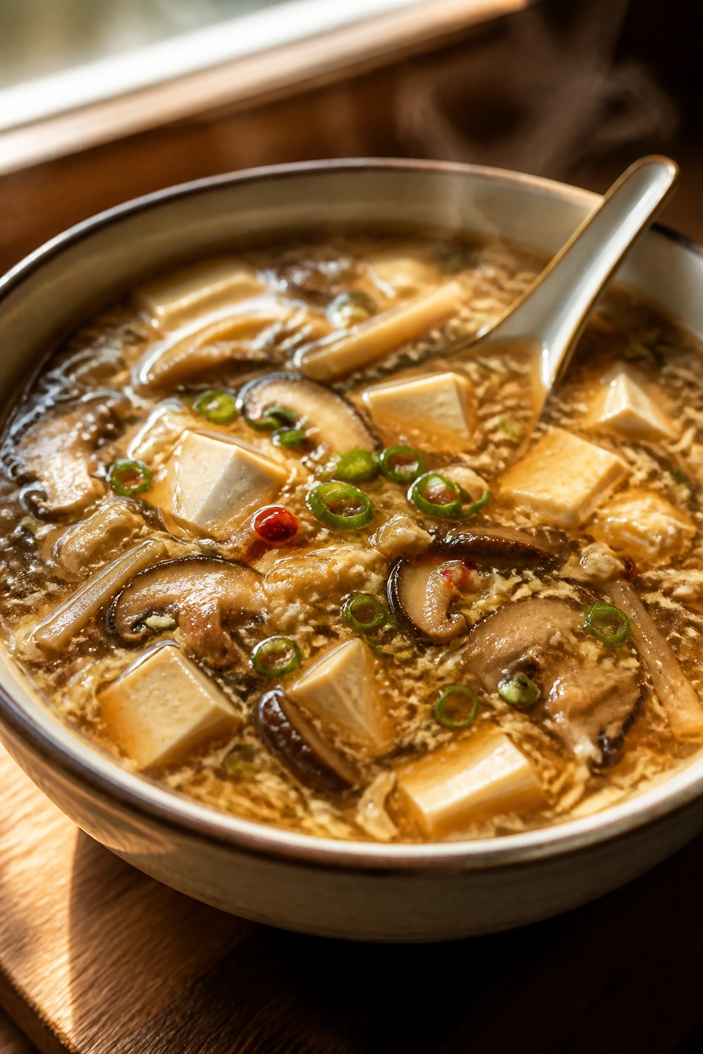 Steaming hot and sour soup with tofu and mushrooms in a white bowl
