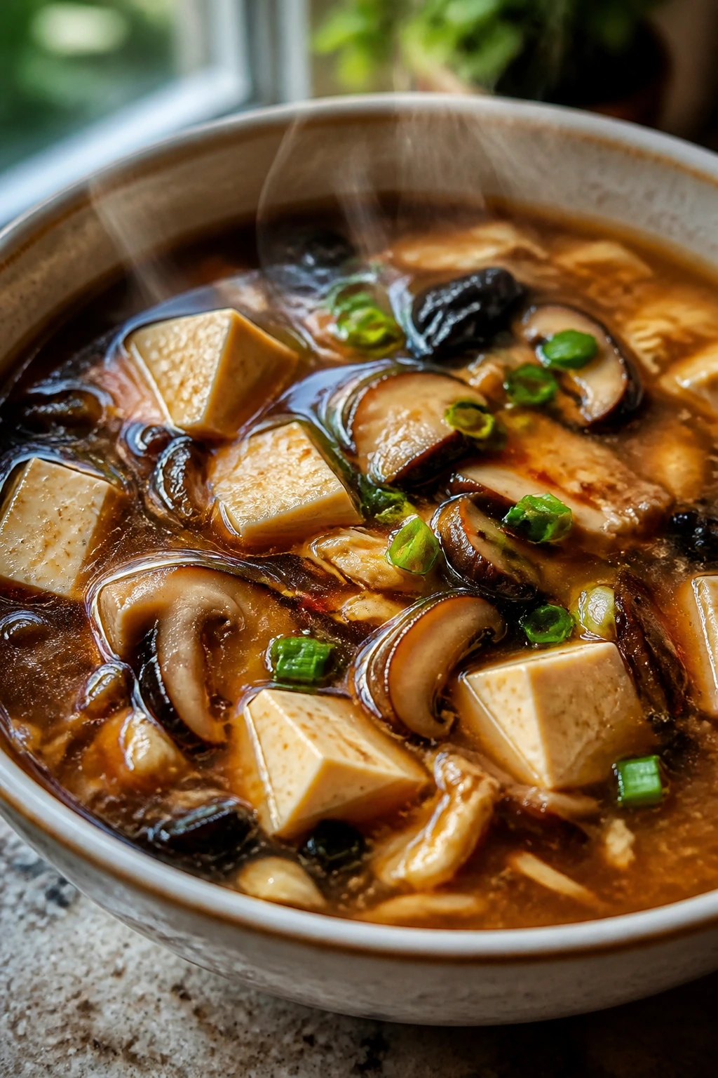 Close-up of hot and sour soup with tofu and mushrooms in a bowl