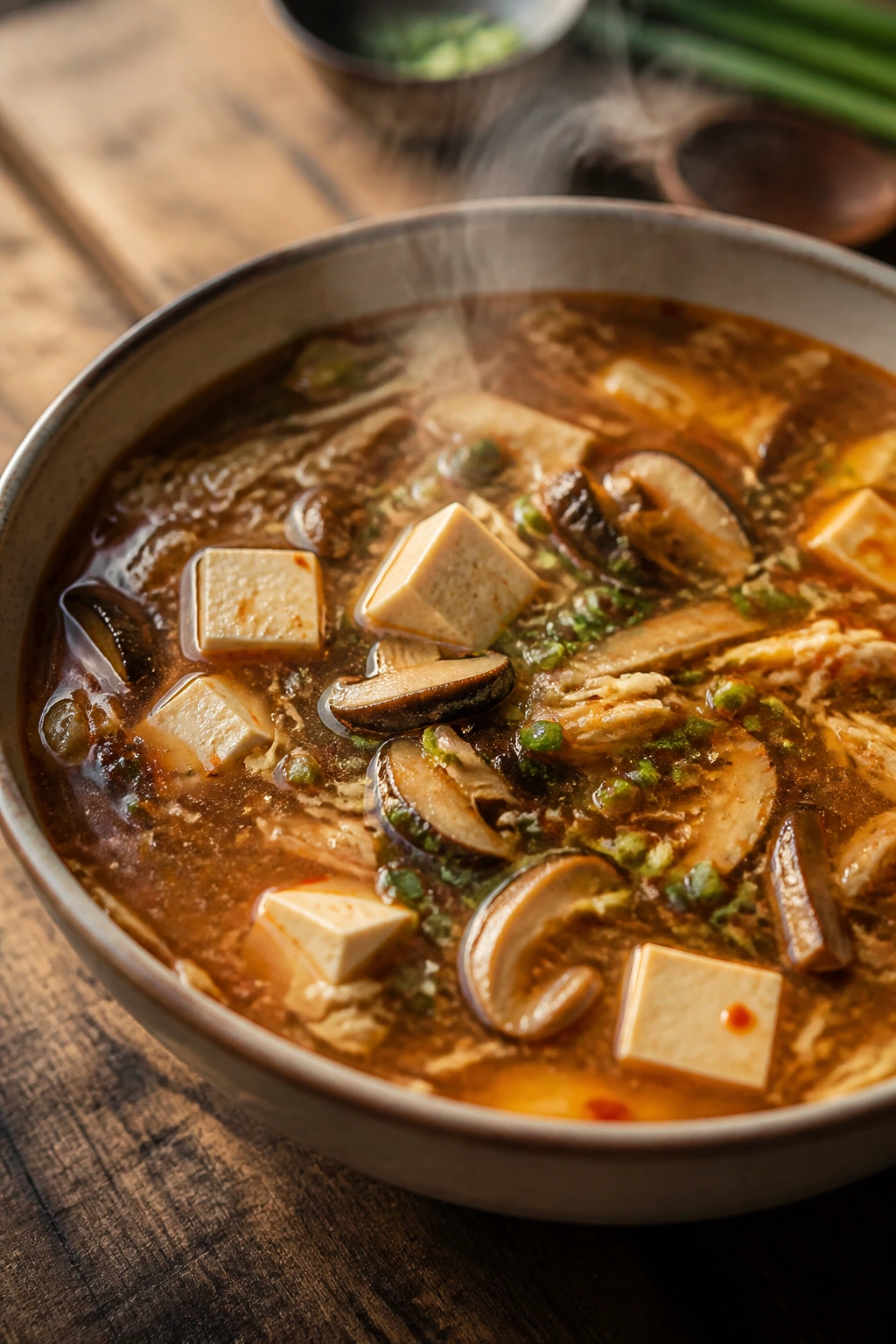 Close-up of hot and sour soup with tofu and mushrooms in a rustic bowl