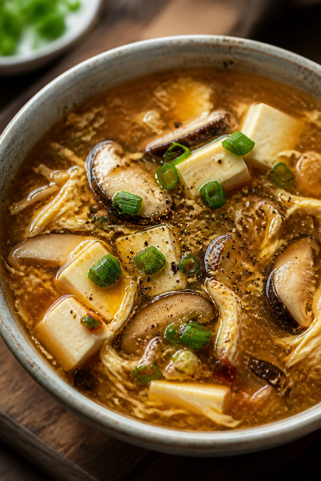 Close-up of hot and sour soup with tofu and mushrooms in a bowl