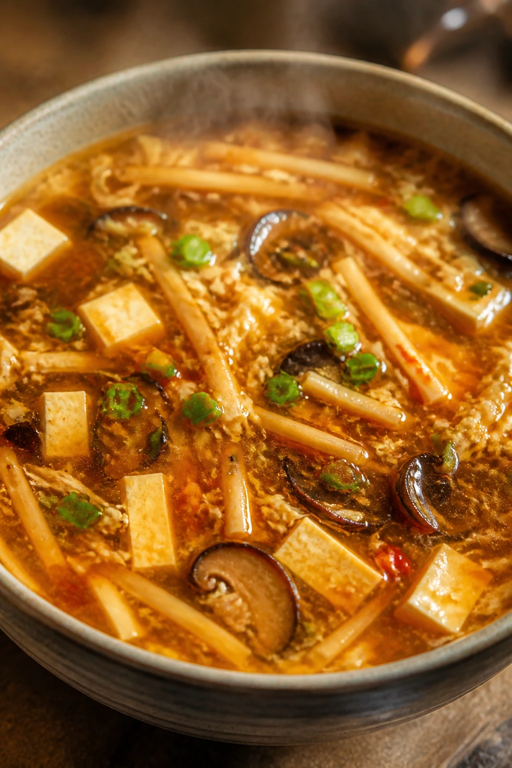 Steaming hot and sour soup with tofu and mushrooms in a bowl