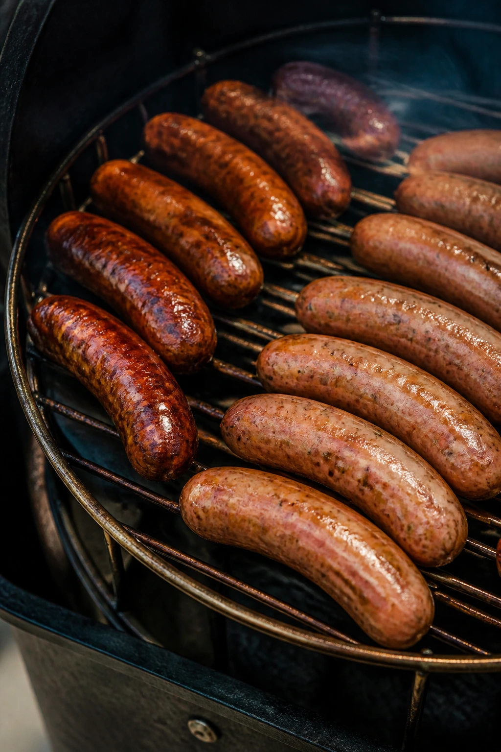 Sausages on a rack inside a smoker showing uneven browning due to hot spots