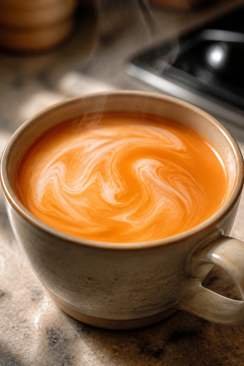 Steam rising from hot Thai tea latte in a mug