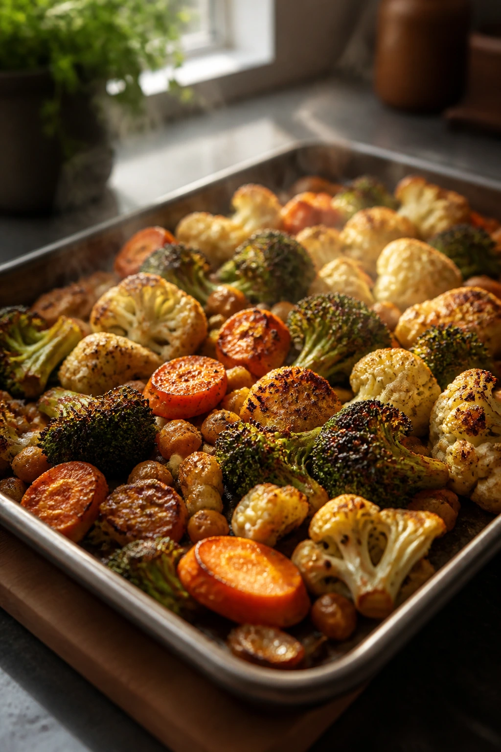 Sheet pan with browning vegetables and steam in a warm kitchen