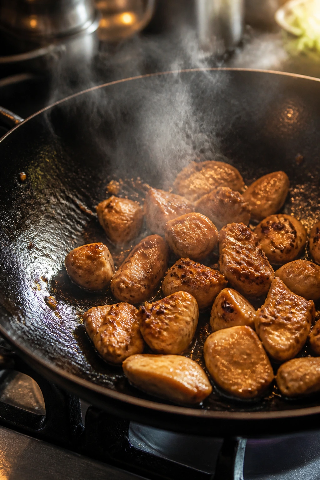 Close-up of chicken browning in a hot wok on a kitchen stove
