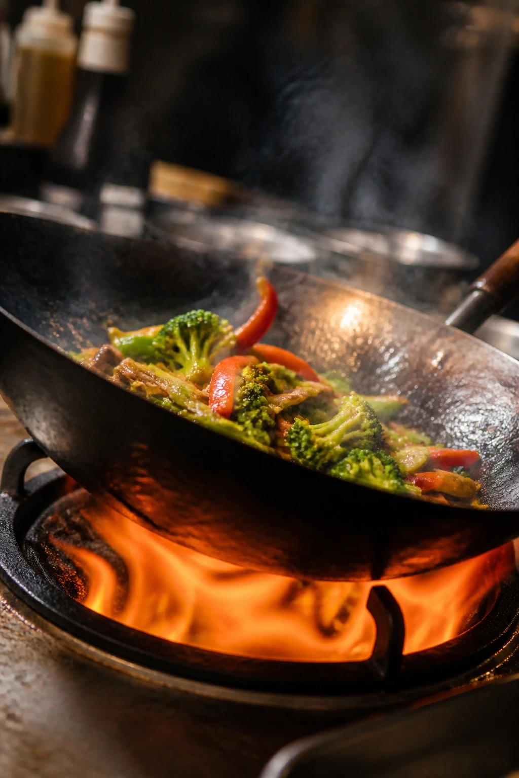 Close-up of a hot wok sizzling over a bright flame in a kitchen